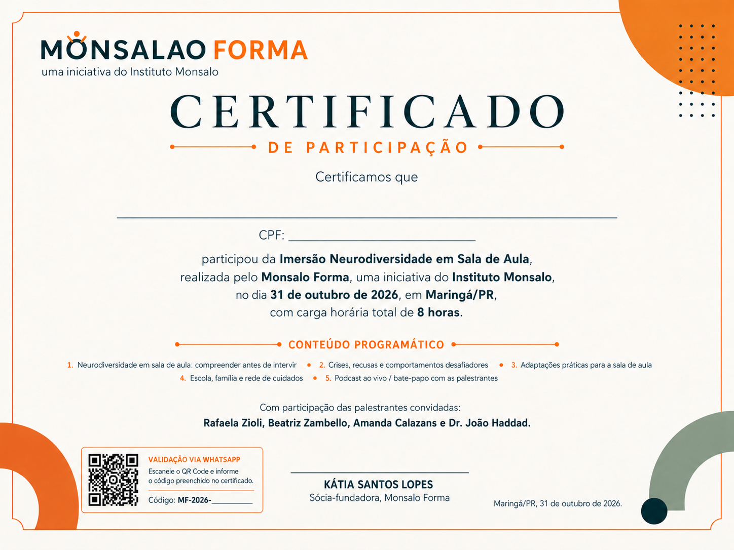 Modelo oficial do certificado de participação da Imersão Neurodiversidade em Sala de Aula